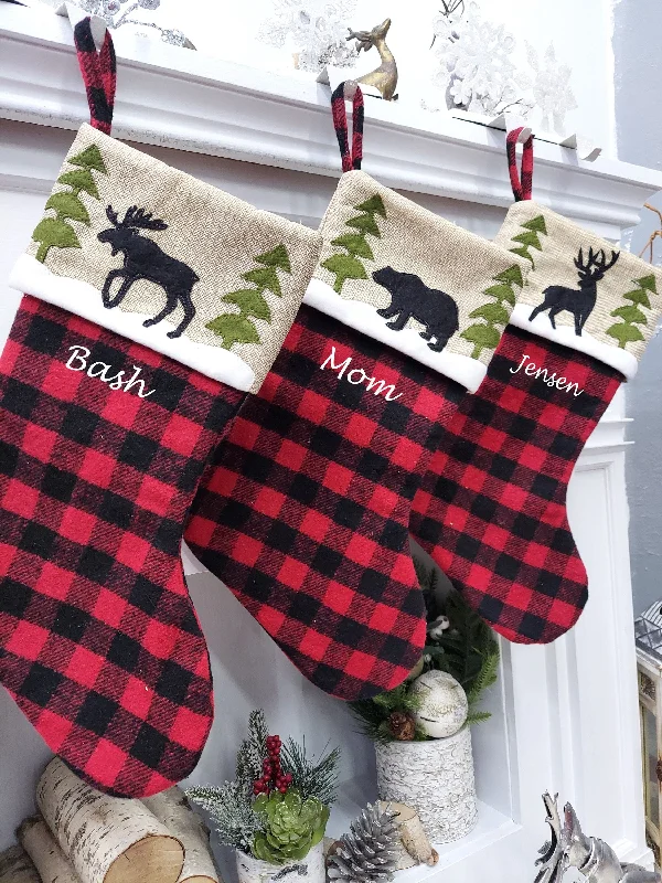 Christmas Traditional Feast Winter Woodlands Buffalo Plaid Christmas Stocking | Faux Burlap Cuff Deer Bear Moose Great Outdoors Farmhouse Rustic Style Personalized Name