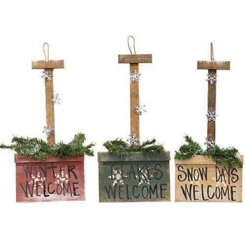 Christmas Winter Decor Wooden Hanging Snow Shovel, 3 Asstd. Christmas Decor