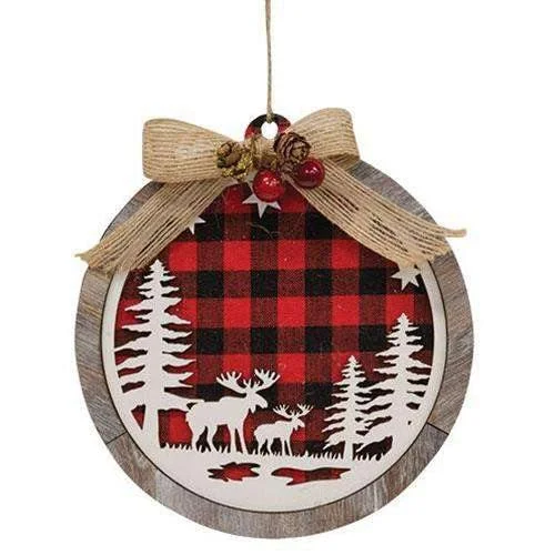 Wooden Red & Black Plaid Moose Scene Ornament