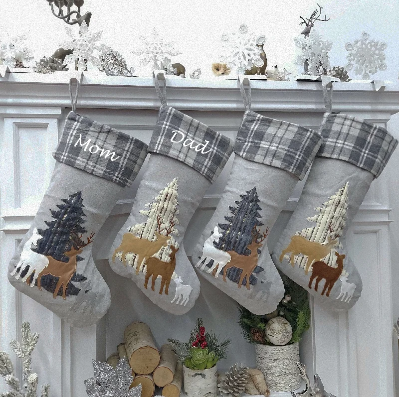 Christmas Winter Festival Woodland Deer Christmas Stocking | Grey Plaid Faux Fur Tree Modern Gold Farmhouse Fawn Rustic Style Personalized Embroidered Name Tag