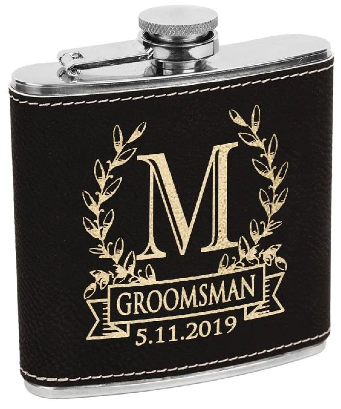 Christmas Cozy Treats Wreathe Single Monogram Initial Engraved Stainless Steel Flask Personalized Groomsmen Gift Father of Bride Present Fathers Day Dad Papa Pop