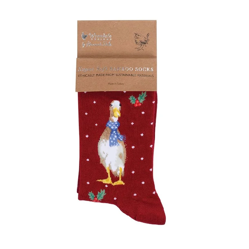 Christmas Fireplace Ambience Women's Christmas Sock - XSOCK004 - Red with Duck