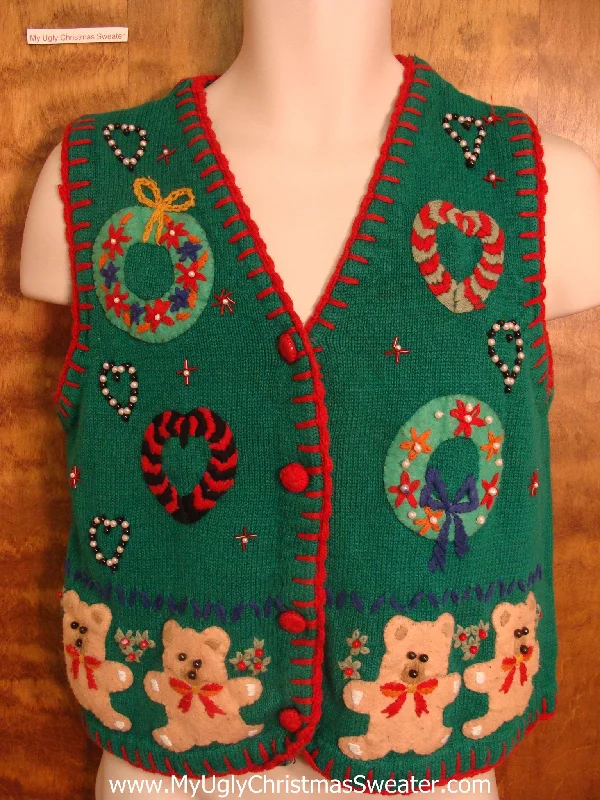 Christmas Family Fun Night Xmas Wreaths and Teddy Bears Funny Christmas Sweater Vest